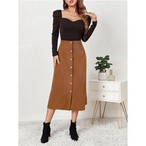 Women's High Waist Corduroy A-Line Midi Skirts Camel